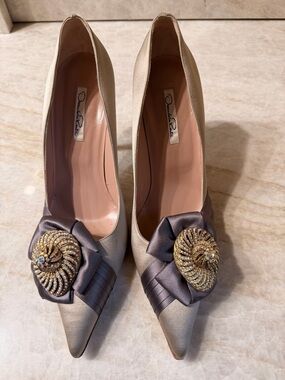 Oscar de la Renta Champagne Satin Pointed-Toe Pumps with Crystal Rosette